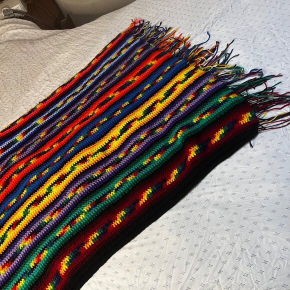 VTG Handmade Crochet Rainbow Striped Blanket Vibrant Multicolor 70x100in - Picture 14 of 16